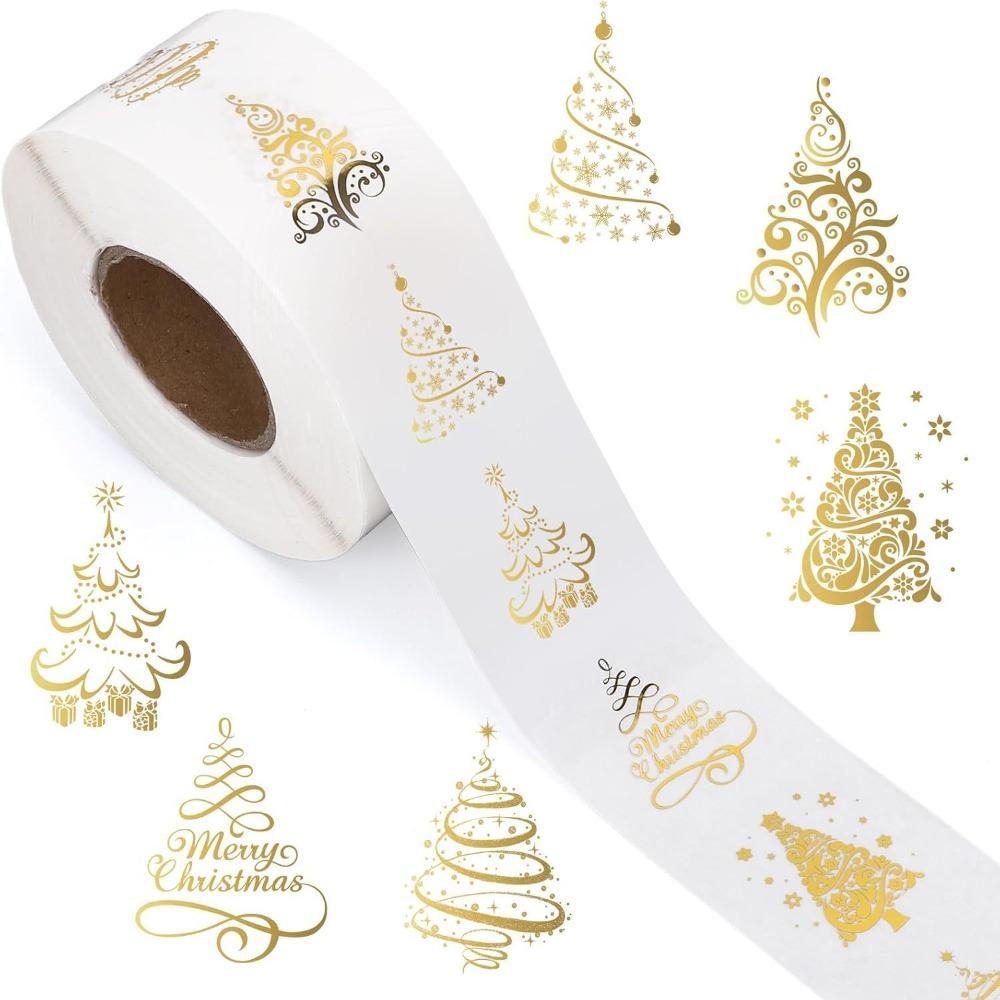 Clear Stickers Christmas Stickers Roll Gold Foil Design 1inch/2.5cm Size Xmas Tree Seal Stickers Self-Adhesive Label Decals