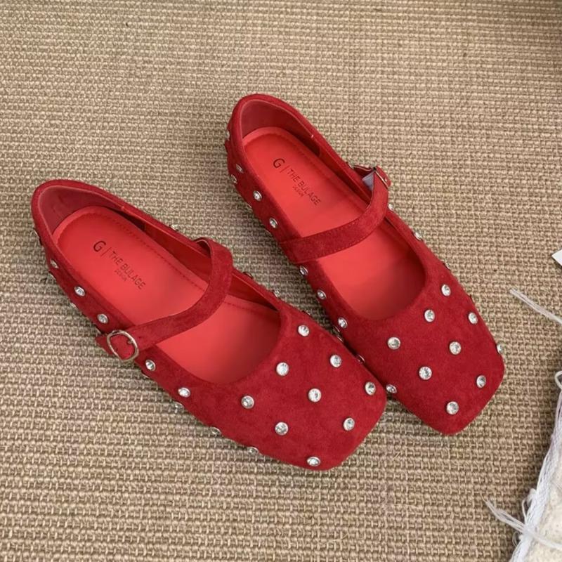 Fashion Single Shoe Spring New Square Head Shallow Mouth Crystal Flannelette Word with Soft Sole Anti-slip Wear-resistant Flat Shoes