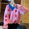 European and American Pullover V-neck Knitted Sweater Strawberry Long-sleeved Sweater Autumn Solid Color Jacket Women