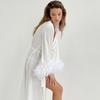 White Boudoir Wedding Floor Length Maxi Dressing Gown Robes Feather Long Robe Stain Silk Lingerie Bride To Be Hen Party Dress