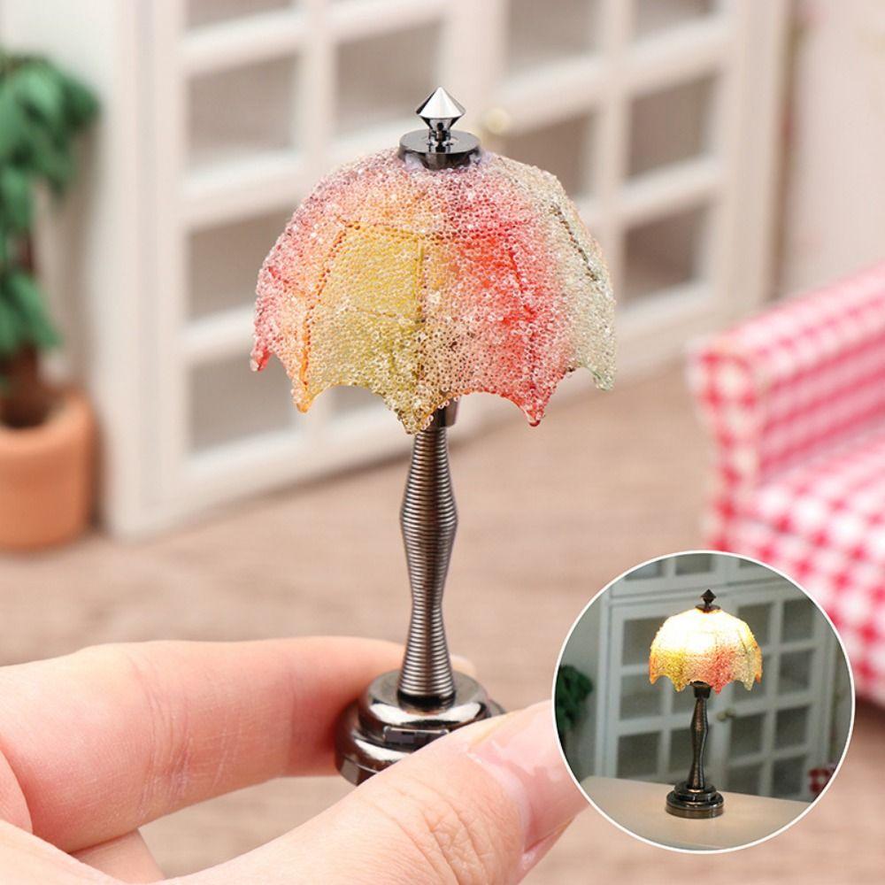 1:12 Miniature LED Golden Light Mini Home Table Lamp Model Doll House Accessories