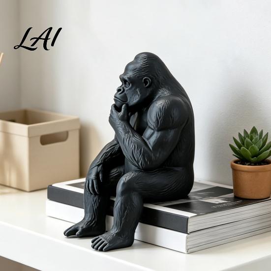 Creative Table Edge Decor 3D Printed Thinking Gorilla Figurine Mini Thinker Statue Thoughtful Gift for Men Modern Minimalist Sitting Sculpture