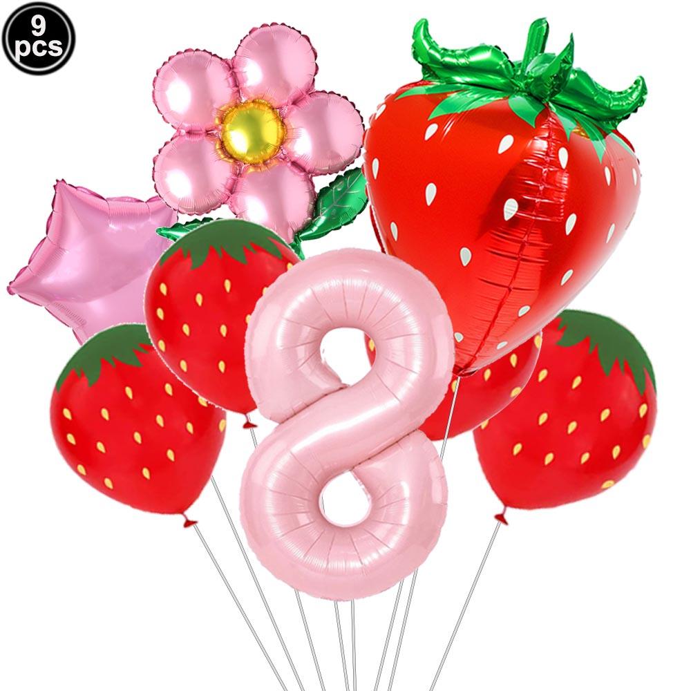 9pcs Strawberry Balloons Kits Birthday Decorations for Girls 32inch 0-9 Number Balloons for Strawberry Birthday Party Decors