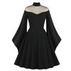 Halloween Dress for Women Cosplay Witch Mesh Shoulder Trumpet Sleeve Gothic Retro Swing Dresses