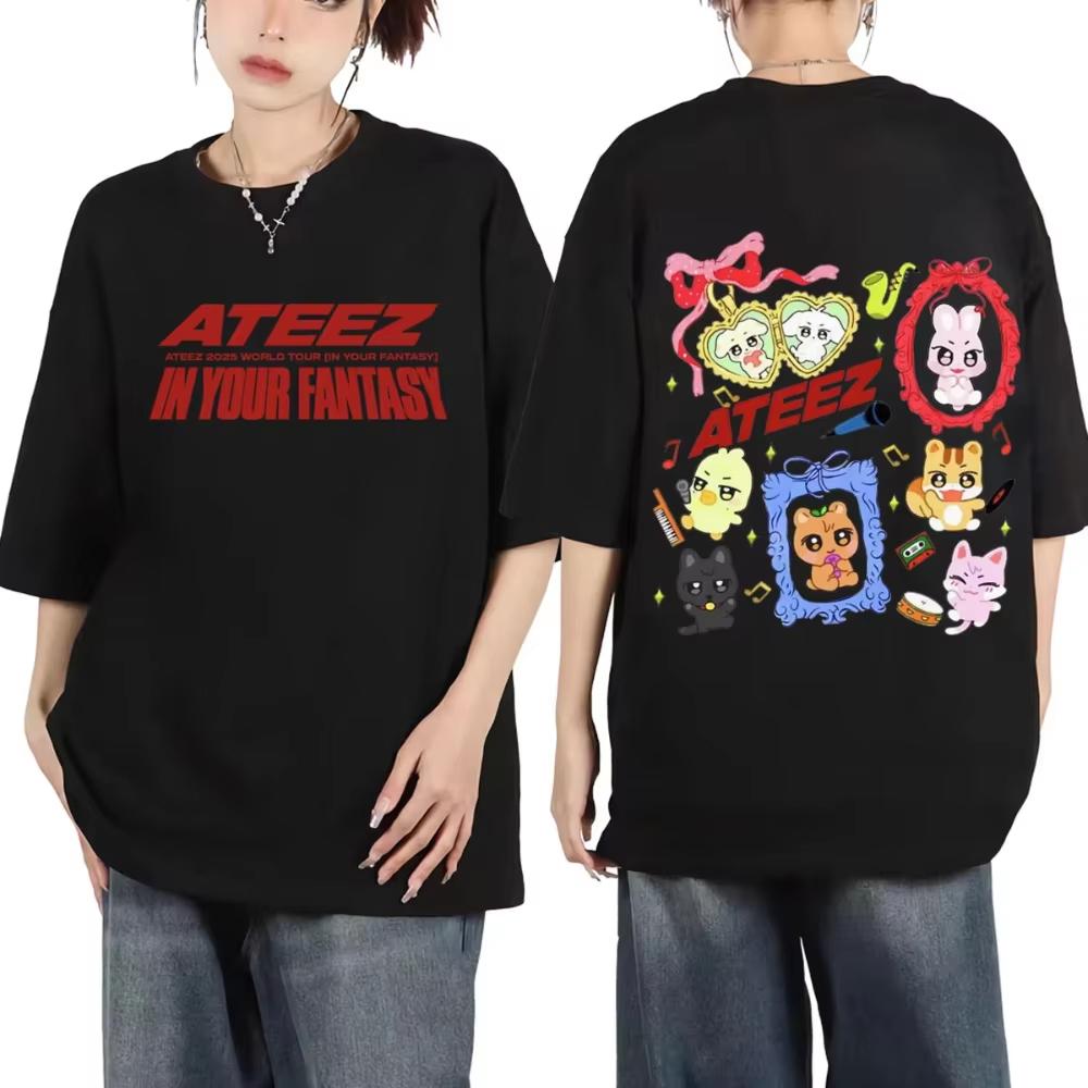 Kpop ATEEZ in Your Fantasy World Tour T‑Shirt Cute Cartoon Mascot Print Unisex Oversized Loose Short Sleeve Tee Soft Cotton Casual Streetwear Tops