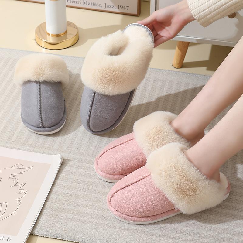 2024 Winter Warm Home Fur Slippers Women Luxury Faux Suede Plush Couple Cotton Shoes Indoor Bedroom Flat Heels Fluffy Slippers