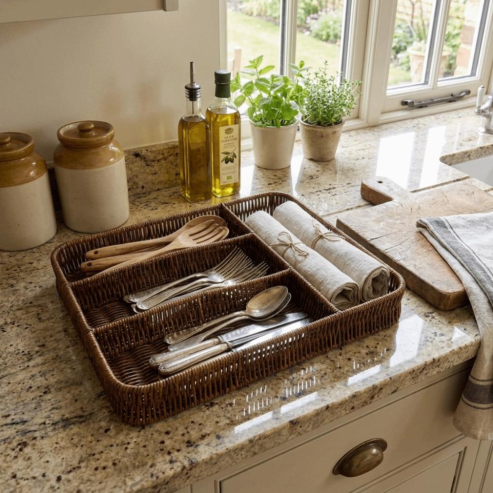 Anti-Slip Plastic Woven Storage Basket Rectangular Cutlery Organizer Spoons