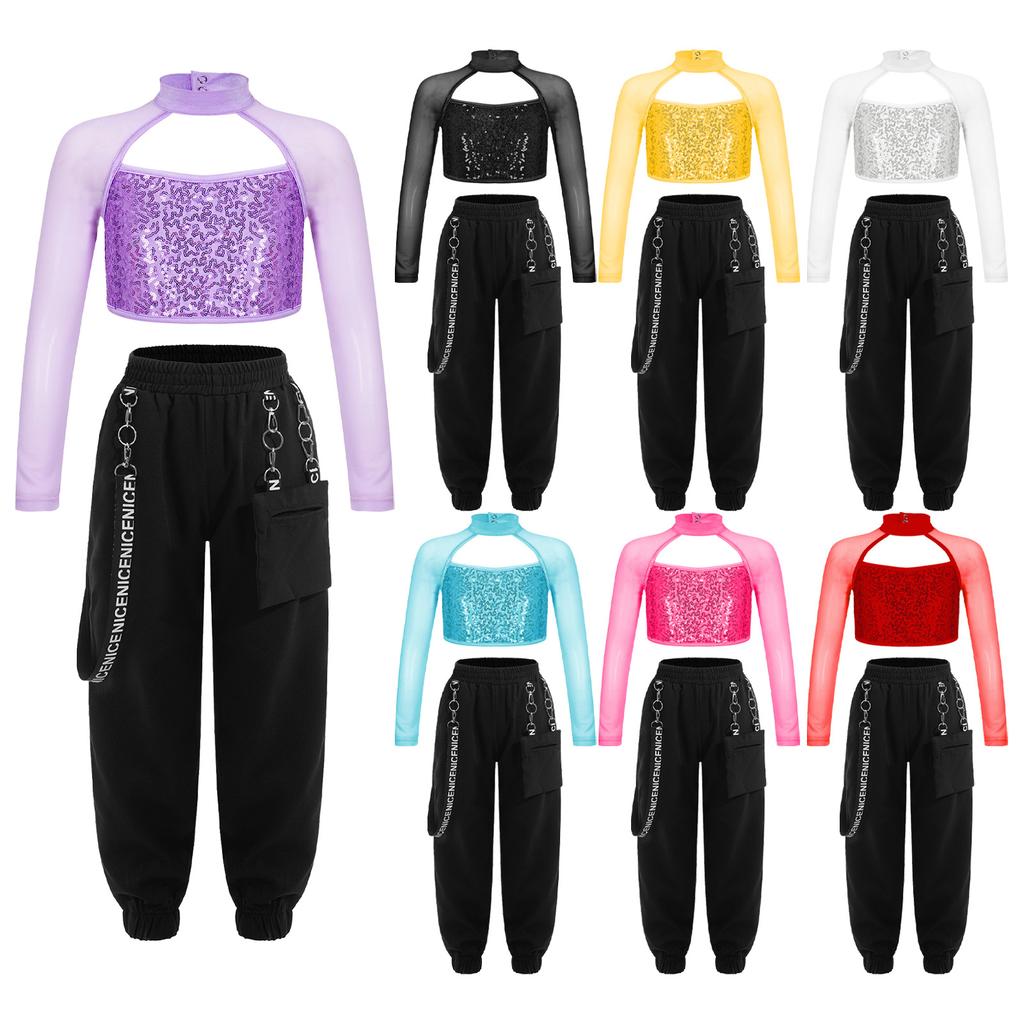 Kids Girls Casual Outfits Long Sleeve Mock Neck Crop Top with Elastic Waistband Pants for Hip-hop Street Dance