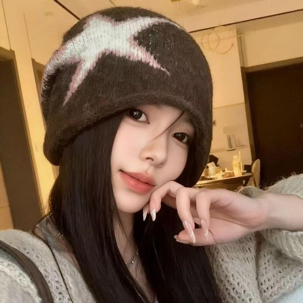 Jacquard Star Knitted Hat Warm Y2k Beanie Hat Retro Pullover Cap  Winter/Autumn