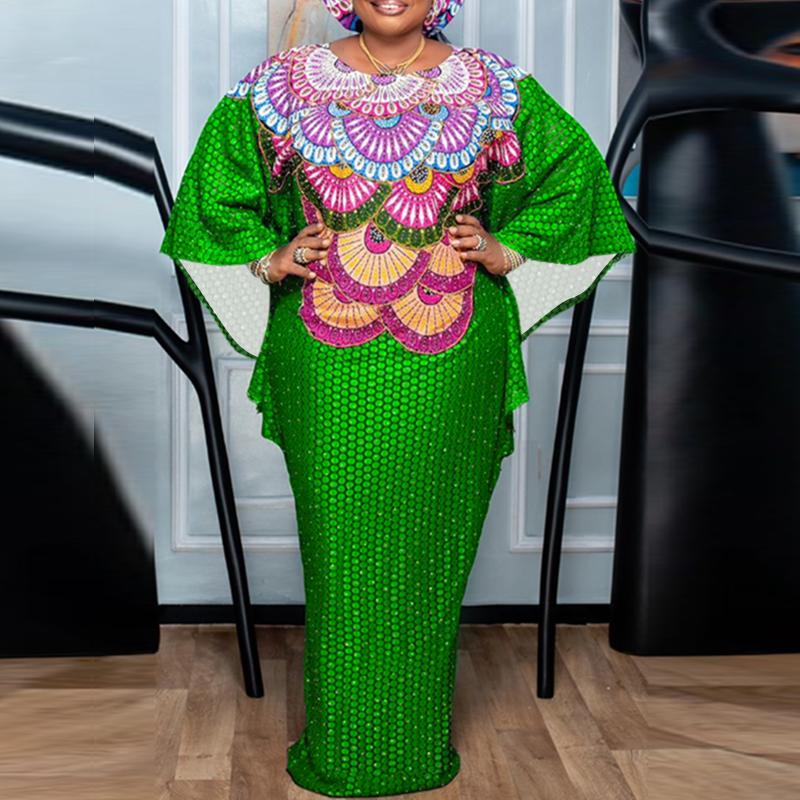 Женские платья большого размера с круглым вырезом и длинным рукавом с принтом