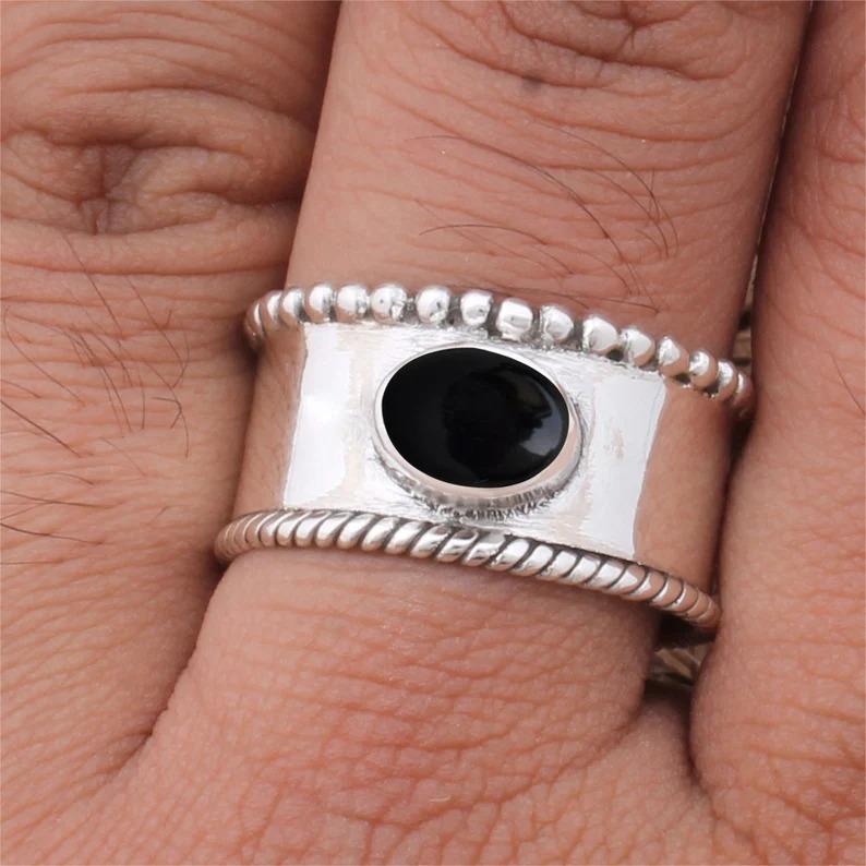 Кольцо с черным ониксом, кольцо-спиннер, ювелирные изделия ручной работы, кольцо на продажу, подарок на помолвку, ювелирные изделия из серебра 925 пробы
