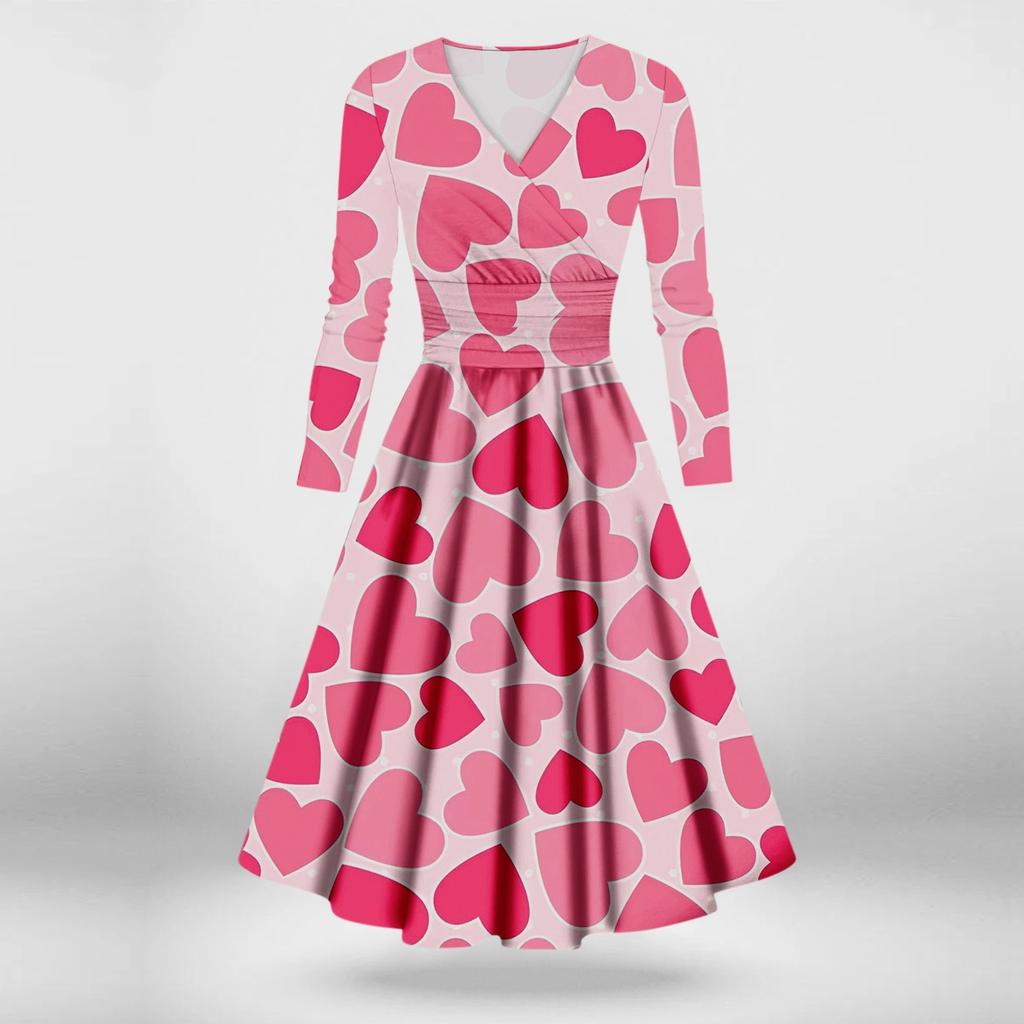 Женское модное повседневное платье с принтом ко Дню святого Валентина, длинными рукавами и V-образным вырезом, сексуальное платье
