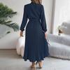 Women's Long Sleeve Maxi Dress Stand Collar High Waist A-Line Dress Loose Solid Color Pleated Long Dress