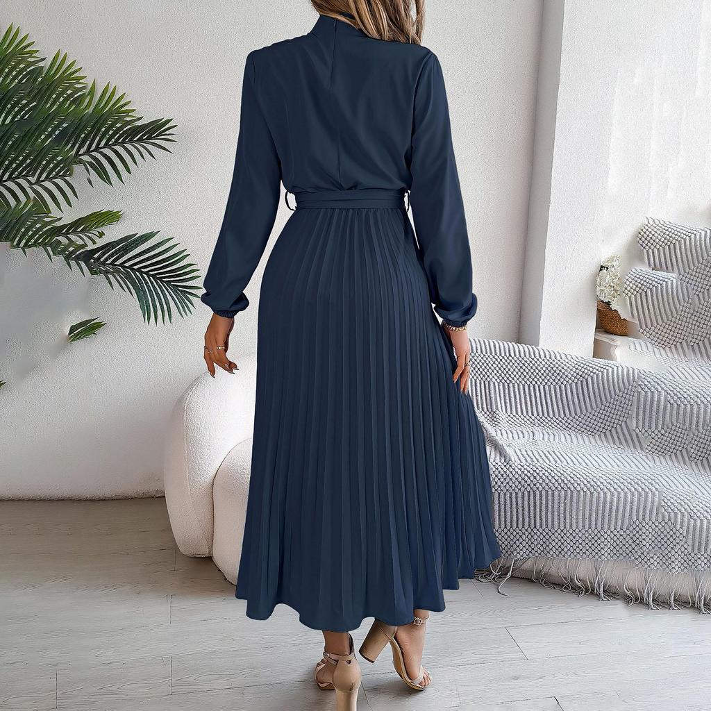Women's Long Sleeve Maxi Dress Stand Collar High Waist A-Line Dress Loose Solid Color Pleated Long Dress