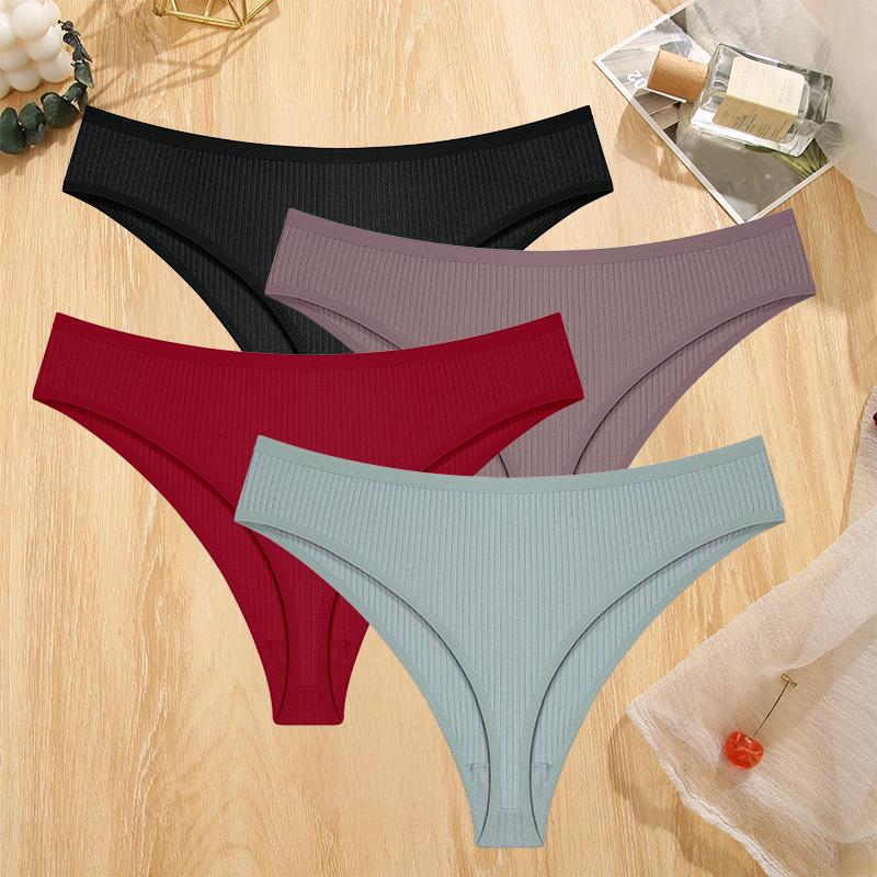 FINETOO 4PCS Cotton Briefs for Lady Sexy Low-Waist Brazilian Panties Female Soft G-String Underwear T-Back Solid Lingerie Bikini