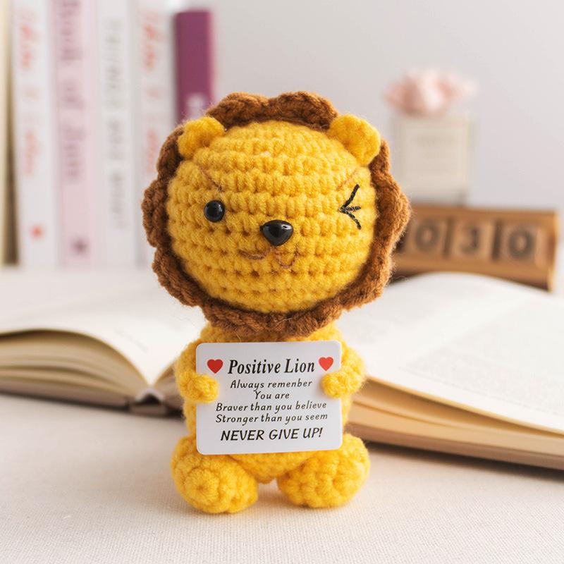 Positive Crochet Lion Doll with Card Home Room Decor Handmade Knitting Emotional Support Lion Animal Ornament Christmas Gift