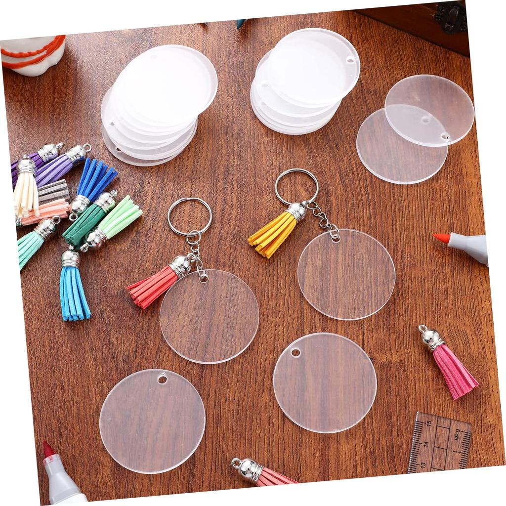 EXCEART 120pcs 2-inch Clear Acrylic Key Ring Blanks with Tassels and Jump Rings, DIY Keychains, Craft Supplies, Smooth Edges, Protective Film Included