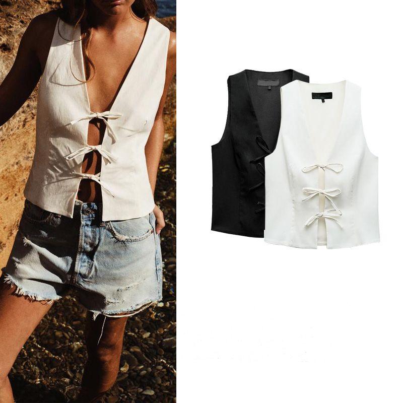 Spring New Fashion Sexy Style V Neck Sleeveless Silm Short Bowknot Decoration Stretch Tops 3067041