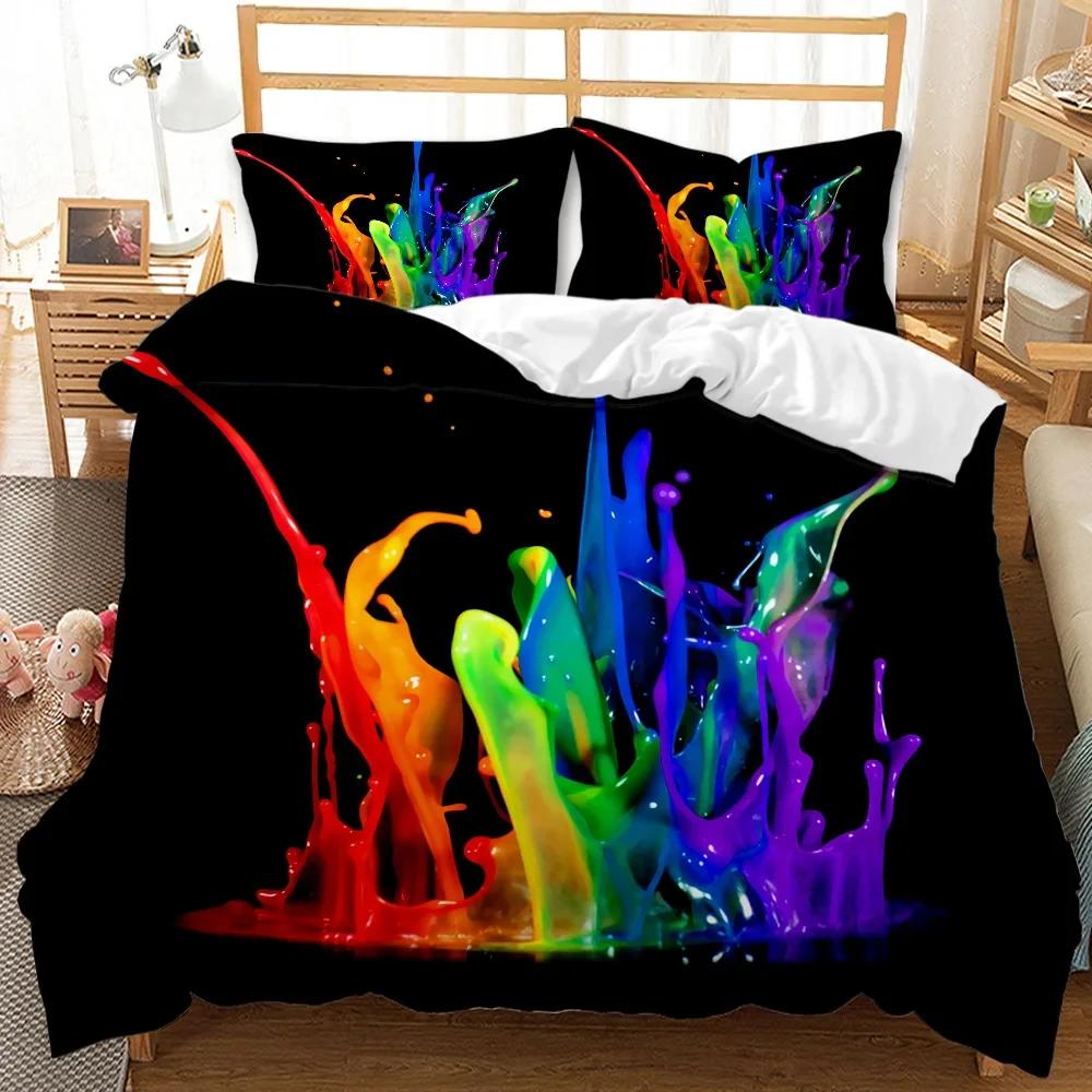 Abstract Duvet Cover Set, Grunge Style, Dirty Look with Colorful Watercolor Stains, Liquid Splashes, Polyester Bedding Set, Quee