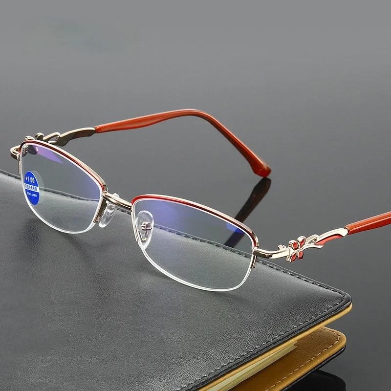 Women Anti Blue Light Metal Reading Glasses Half Frame Fashion Beveled Edge