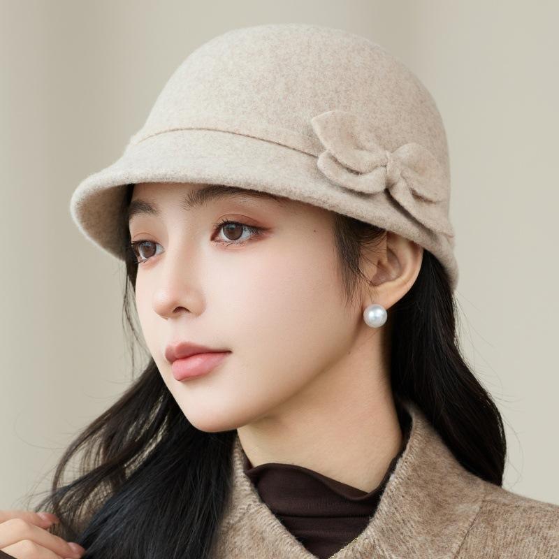 Autumn and winter new wool woolen basin hat women's fashion bow warm equestrian hat versatile face hat
