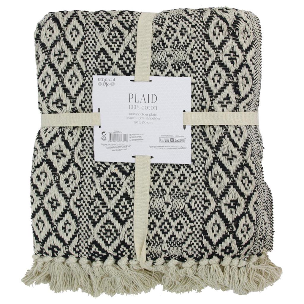 Les Trésors De Lily [Q3608] - Дизайнерское хлопковое одеяло "Бохо" черно-бежевый - 120х150 см