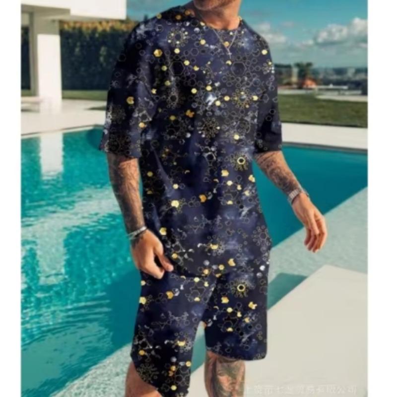 Мужской повседневный комплект из шорт с разноцветным 3D-цифровым принтом в виде леопардового топа с коротким рукавом + пляжные брюки