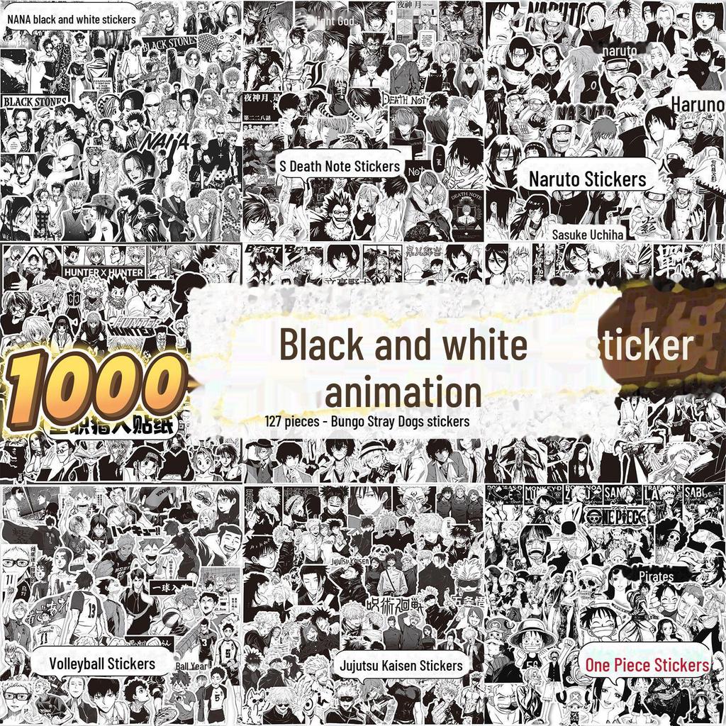 1000 черно-белых аниме-наклеек: Demon Slayer, One Piece и многое другое для украшения блокнота