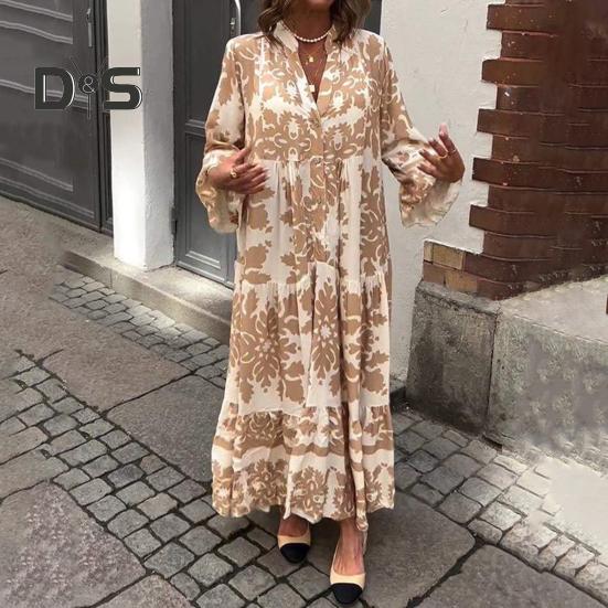 Women Maxi Dress V Neck Floral Printed Pleated Ruffle Patchwork Hem Loow Waist Horn Sleeves Single-breasted Daily Commuting Long Dress
