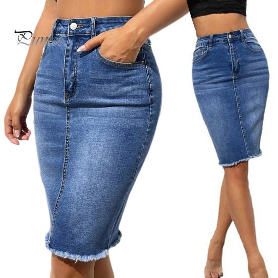 Women Denim Skirt High Waist Button Zipper Fly Multi Pockets Midi Skirt Solid Color Hip Wrapped Tassel Hem Washed Skirt