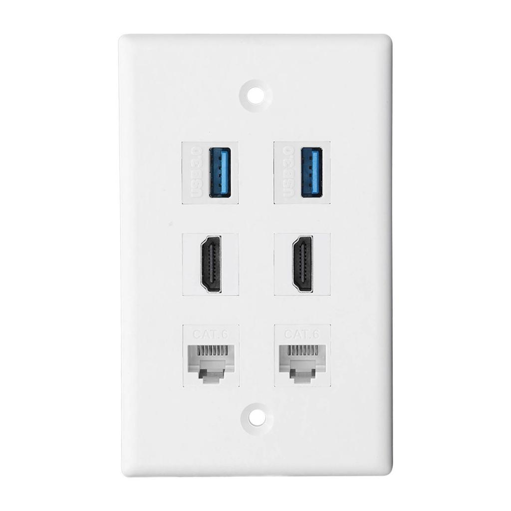 6 Port Wall Plate 2xHD Multimedia Interface 2xCat6 2xUSB3.0 RJ45 Ethernet Wall Plate for HDTV Projector Computer