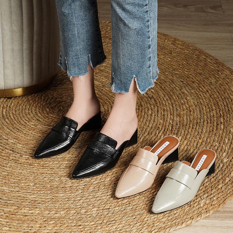 Новые модные полутапочки на высоком каблуке, удобные кожаные сандалии с заостренным носком, модные женские туфли из коровьей кожи