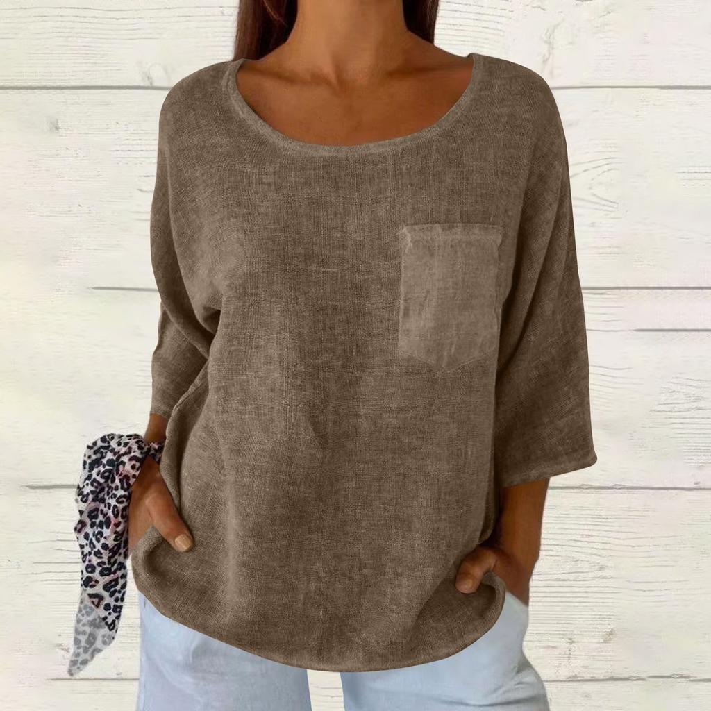 Женская мода однотонная свободная футболка с круглым вырезом и рукавом семь четвертей