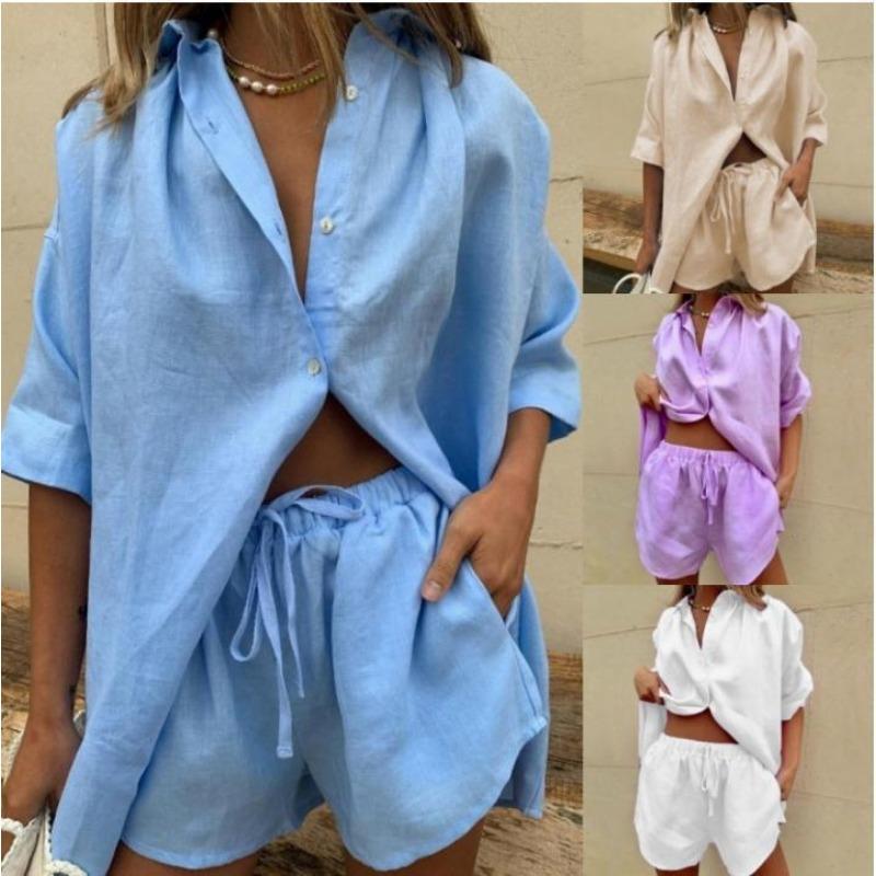 Women Solid Color Short Sleeve Shirt Shorts Casual Set