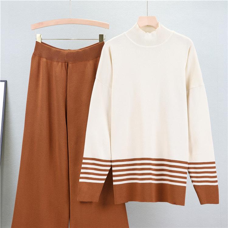 Осенне-зимний женский вязаный костюм, полуводолазка, свитер, цветные брюки, широкие брюки, модный комплект из двух предметов Tide