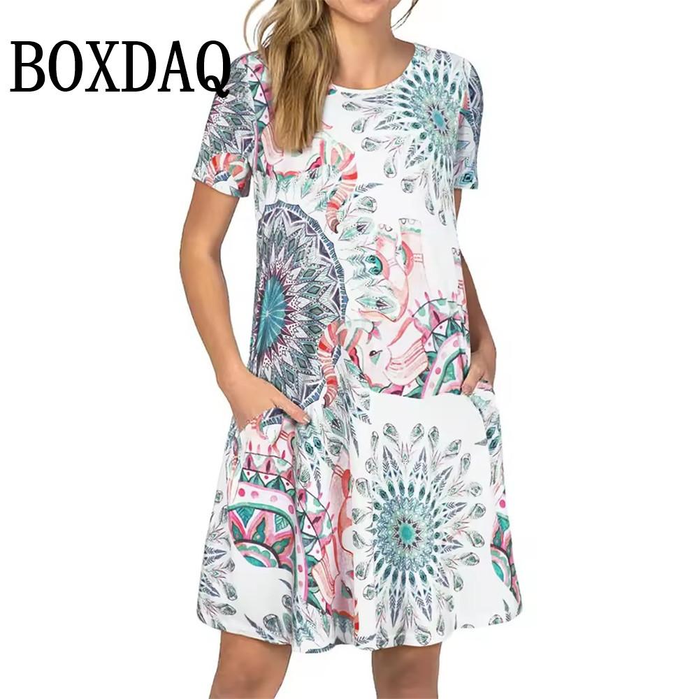Винтажное платье с цветочным принтом и круглым вырезом, женское винтажное платье с коротким рукавом, летнее платье А-силуэта, элегантное вечернее платье, повседневное свободное платье в стиле бохо