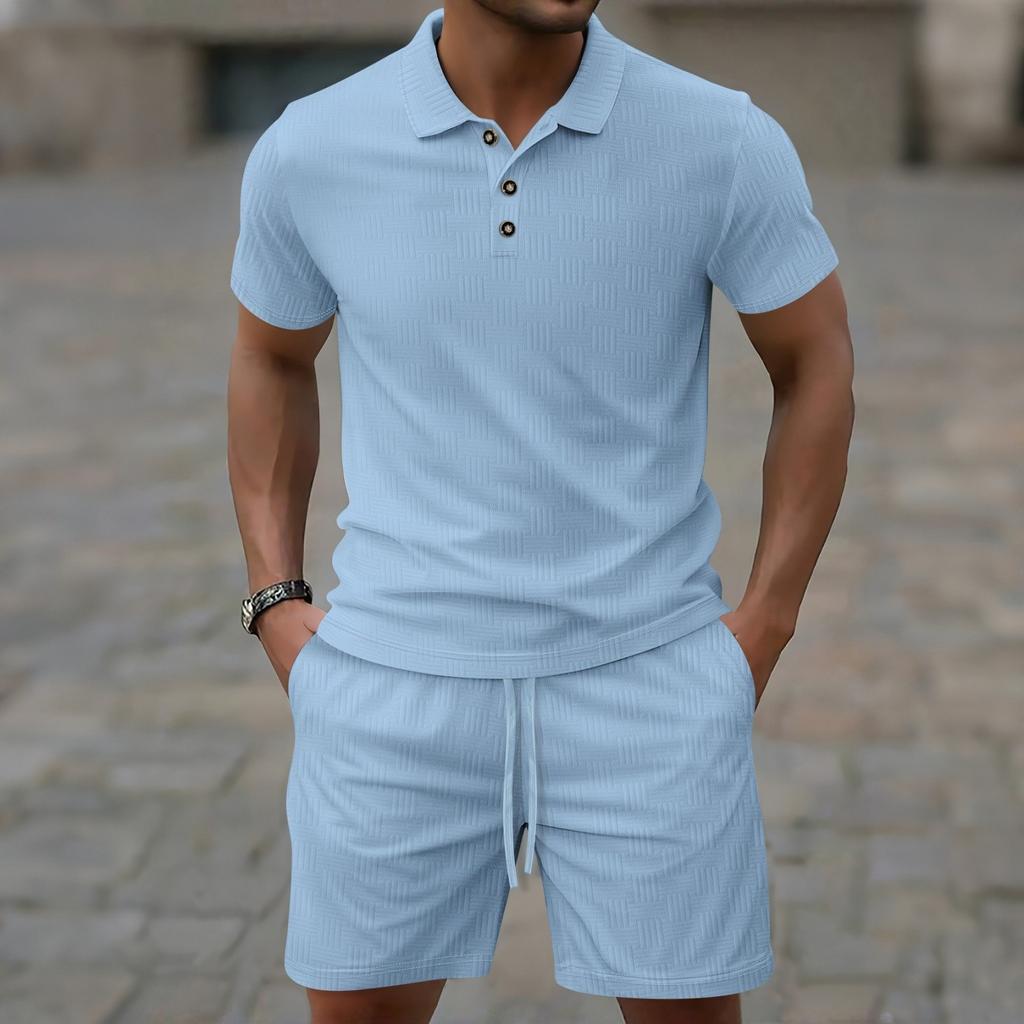 Men's Solid-color Short-sleeved Shirt With Elastic Waist And Lace-up Shorts Set