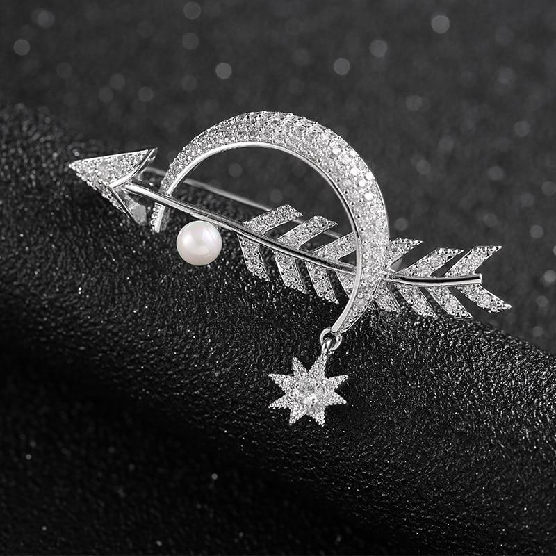 Blucome Luxury Copper Moon Arrow Shape Brooches Corsage Silver Color Star Simulated Wedding Bridal Brooch Collar Clip