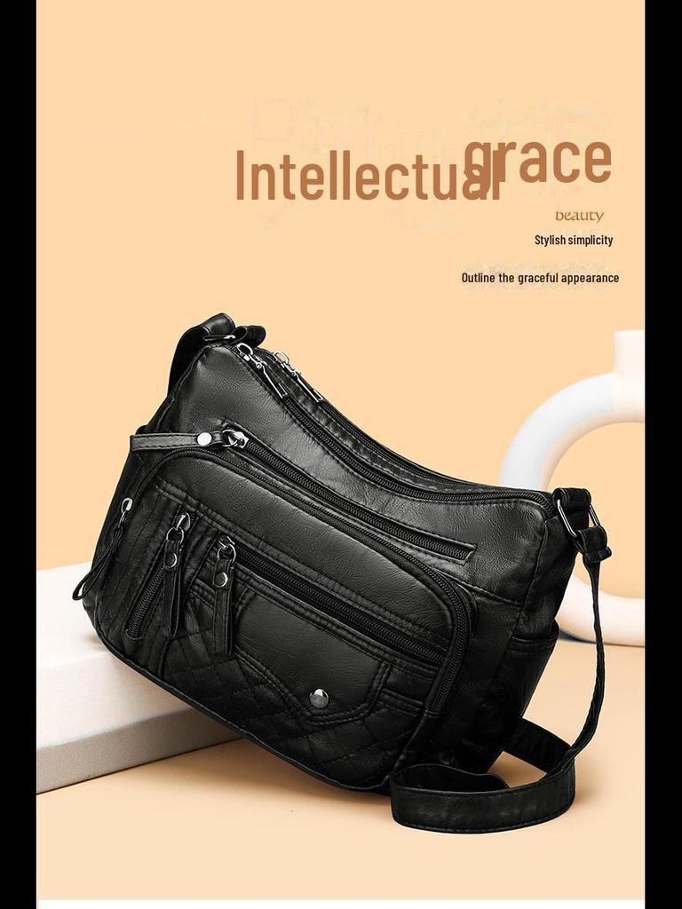 Женская мягкая кожаная многослойная сумка-мессенджер с несколькими отделениями