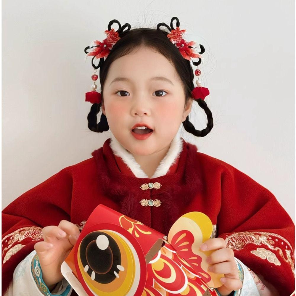 Головной убор с кисточками, китайский новогодний головной убор, косичка для волос, палочки для волос Hanfu, детский парик, повязка на голову, дети