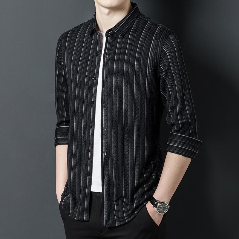 Деловая повседневная мужская рубашка, весенняя мягкая ткань, удобная дышащая рубашка в полоску с лацканами