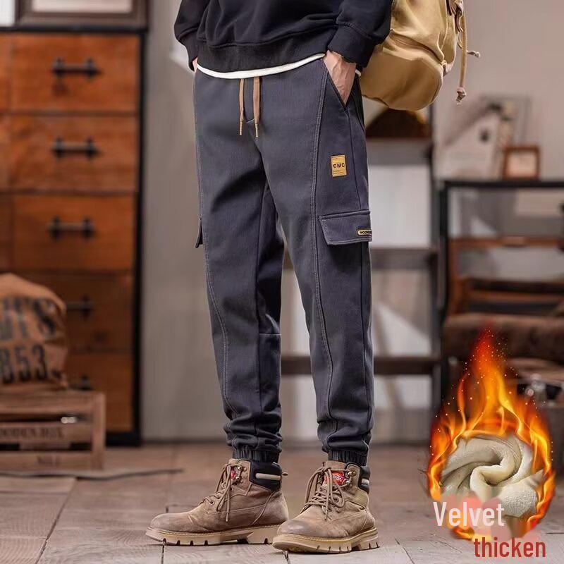 2024 Мужской бархатный комбинезон в американском стиле на осень/зиму: Универсальные, свободные, теплые, повседневные брюки