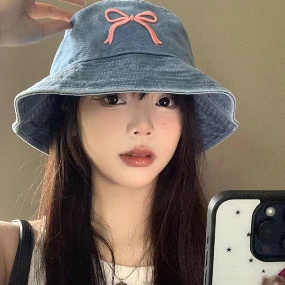 Korean Bow Embroidery Hat Sweet Washed Denim Hat Trendy Bowknot Bucket Hat for Girls