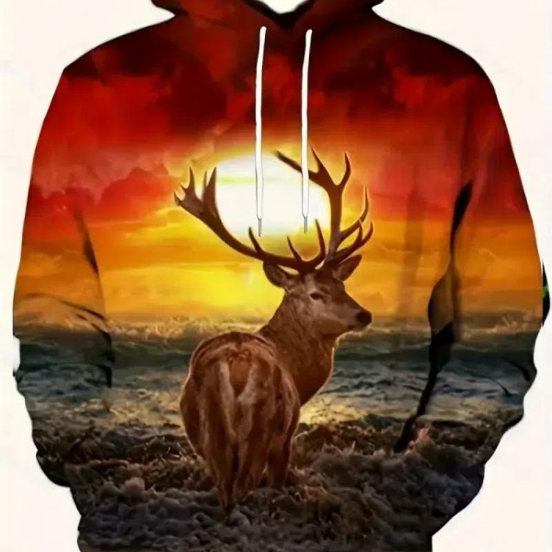 Stylish Deer/Elk Print Men's Hoodie Comfortable 100% Polyester Winter Fall Streetwear