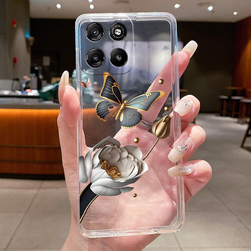 Чехол для Motorola Moto G57 Power / G67 Power 5G, прозрачный, роскошный, модный, с бабочками и цветами, из мягкого ТПУ-силикона, защитный чехол