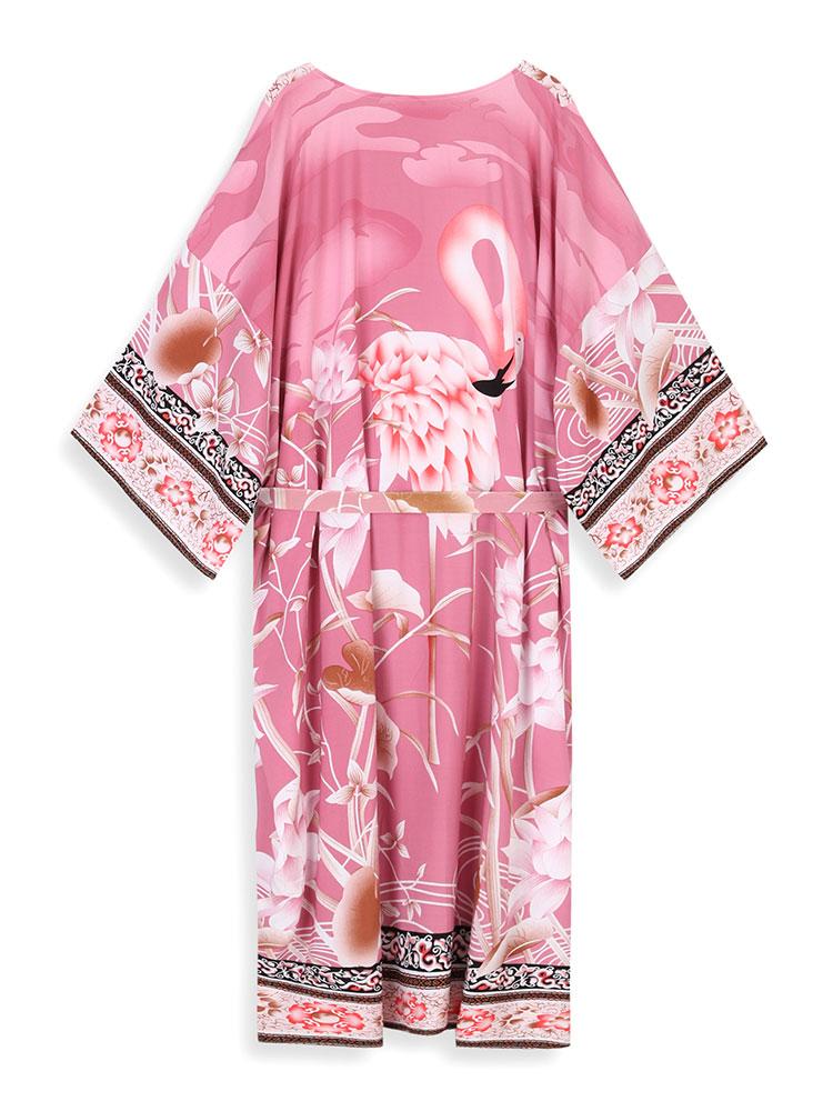 EDOLYNSA Бикини в богемном стиле с принтом, элегантное кимоно с поясом, платье-туника, лето 2024, женская пляжная одежда больших размеров, купальный костюм, накидка Q996