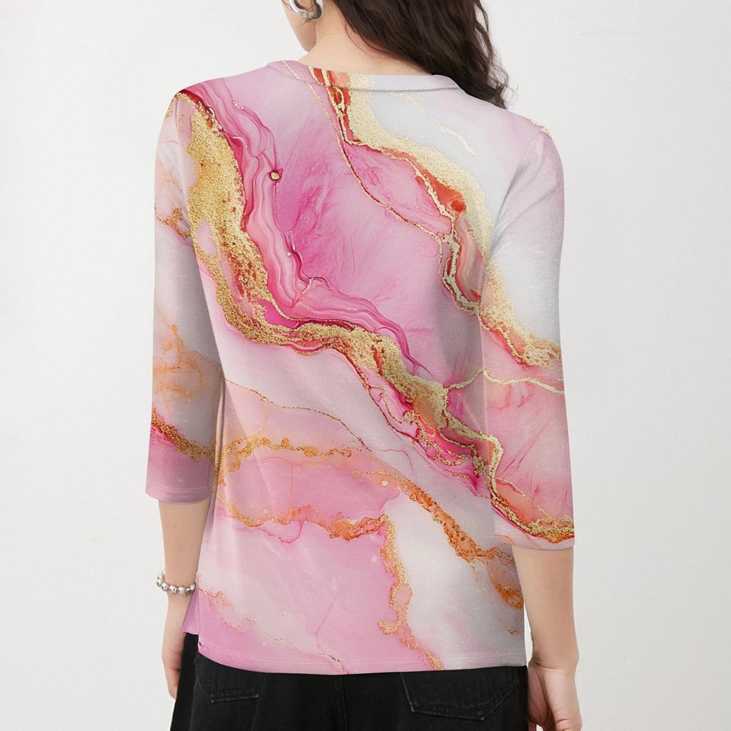 Women's Fashion Casual Round Neck 3/4 Sleeve Loose Printed T-Shirt Ladies Top