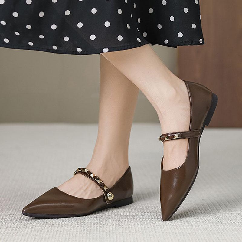 Туфли на плоской подошве с мягкой подошвой, женские модные туфли Мэри Джейн с заклепками и пряжками, элегантные туфли-лодочки с острым носком, женские рабочие туфли из микрофибры и кожи