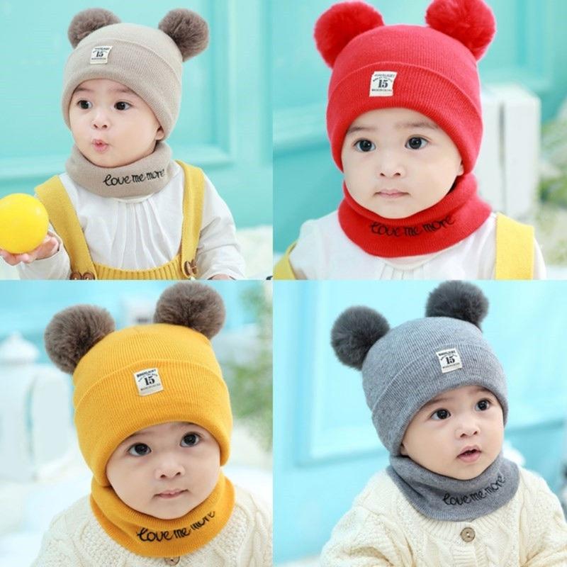 2 шт. Комплект детской шапки и манишки с мишкой Вязаная детская шапка и шарф Комплекты Эластичная шапка для малышей Шарфы Удобное ношение