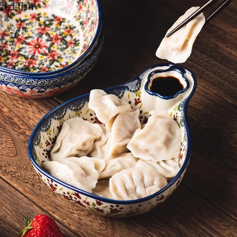 Винтажная цветочная керамическая тарелка, тарелка для пельменей с уксусом, овощная салатница, фруктовая чаша, тарелка для закусок, керамическая посуда